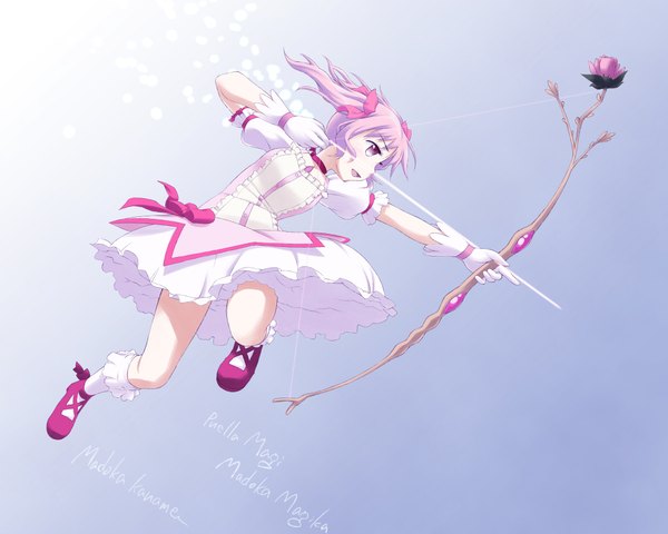 Anime picture 2000x1600 with mahou shoujo madoka magica shaft (studio) kaname madoka single highres short hair open mouth simple background pink hair inscription girl dress flower (flowers) bow socks shoes white socks bow (weapon)