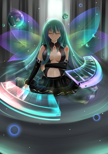 Anime picture 1280x1810 with vocaloid hatsune miku catstudioinc (punepuni) long hair tall image eyes closed green hair girl navel detached sleeves wings water drop