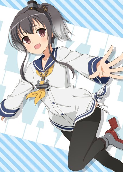 Anime picture 800x1122 with kantai collection tokitsukaze destroyer hyuuga azuri single tall image looking at viewer blush short hair open mouth black hair twintails brown eyes short twintails spread arms girl hat pantyhose sailor suit mini hat