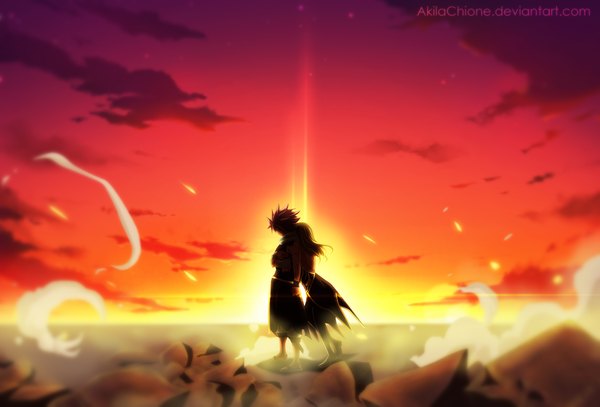 Anime picture 1600x1086 with fairy tail lucy heartfilia natsu dragneel akilachione long hair short hair blonde hair pink hair sky cloud (clouds) sunlight sleeveless hug coloring evening sunset silhouette girl boy scarf
