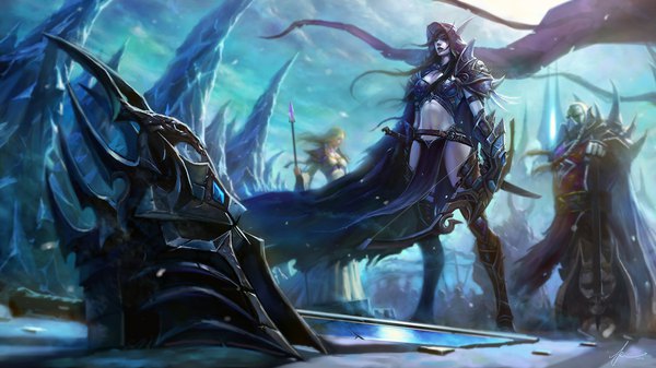Anime picture 1600x900 with world of warcraft warcraft blizzard entertainment sylvanas windrunner jaina proudmoore lich king orc (warcraft) varok saurfang highres black hair blonde hair red eyes wide image multiple girls pointy ears bare belly from below snow eyebrows elf