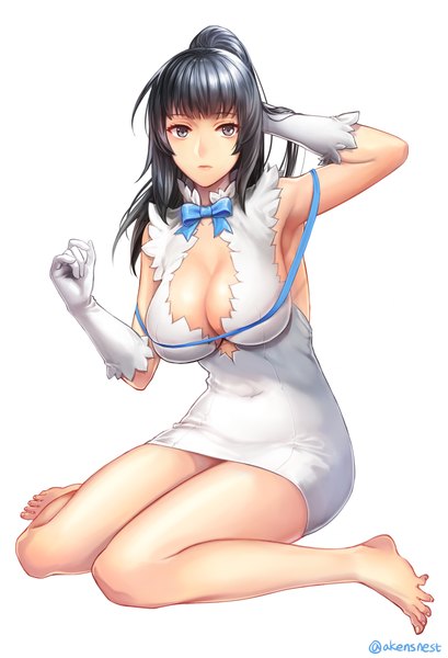 Anime picture 1500x2200 with dungeon ni deai wo motomeru no wa machigatteiru darou ka overlord (maruyama) j.c. staff madhouse narberal gamma aken single long hair tall image looking at viewer fringe breasts light erotic black hair simple background large breasts white background sitting cleavage ponytail