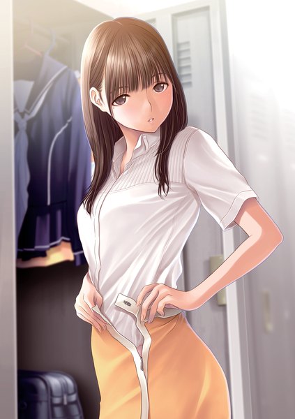 Anime picture 1723x2442 with love plus anegasaki nene mino tarou single long hair tall image looking at viewer fringe highres open mouth brown hair standing purple eyes indoors head tilt mole short sleeves mole under eye adjusting clothes girl
