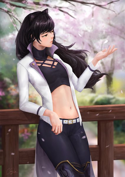 Anime picture 707x1000 with rwby rooster teeth blake belladonna cheesewoo single long hair tall image fringe black hair standing signed animal ears yellow eyes looking away head tilt wind cat ears arm support open jacket midriff