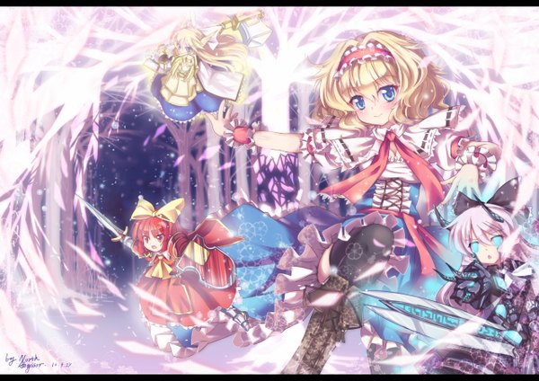 Anime picture 2560x1810 with touhou world of warcraft blizzard entertainment alice margatroid shanghai death knight north abyssor single blush highres short hair blue eyes blonde hair smile red eyes signed pink hair red hair dated girl