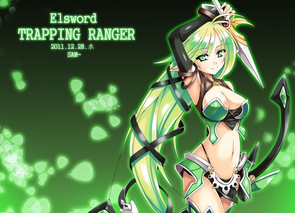 Anime picture 1900x1373 with elsword rena erindel ecell (artist) single looking at viewer highres breasts light erotic green eyes very long hair green hair pointy ears bare belly elf girl weapon bow (weapon) dagger