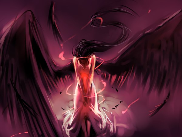 Anime picture 1600x1200 with original moni158 single long hair black hair simple background glowing black wings no face girl dress wings white dress feather (feathers)