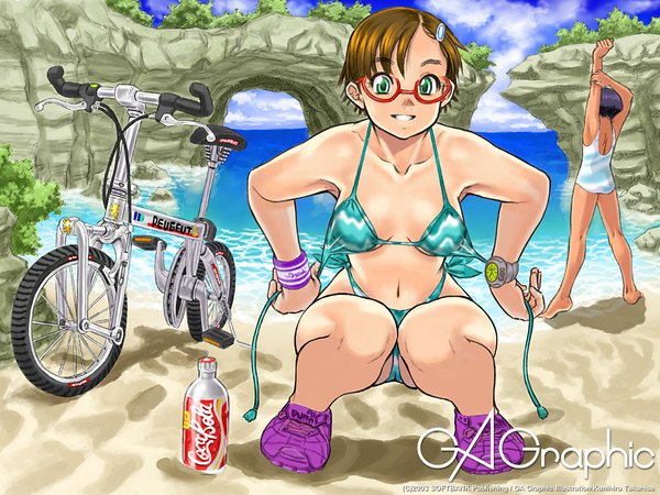 Anime picture 1024x768 with gagraphic takahisa kunihiro beach girl ground vehicle bicycle