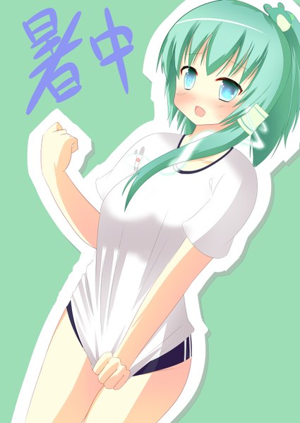 Anime picture 2150x3035 with touhou kochiya sanae single long hair tall image blush highres open mouth blue eyes green hair green background girl uniform gym uniform hair tubes