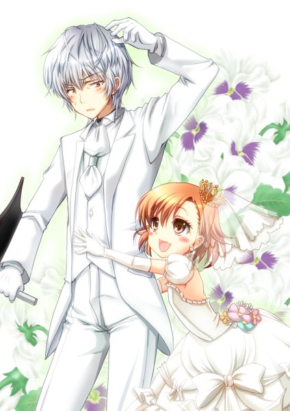 Anime picture 1000x1414 with to aru majutsu no index j.c. staff accelerator last order chize tall image blush short hair open mouth red eyes brown hair brown eyes silver hair loli couple girl dress boy gloves flower (flowers)