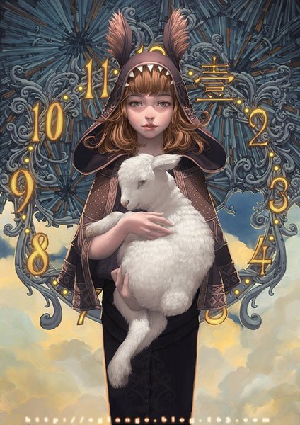 Anime picture 800x1131 with original lange single tall image looking at viewer fringe short hair blue eyes brown hair holding signed sky cloud (clouds) lips realistic girl animal hood cape clock
