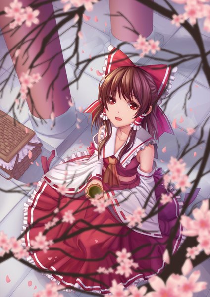 Anime picture 1100x1556 with touhou hakurei reimu youxuemingdie single long hair tall image open mouth red eyes brown hair traditional clothes japanese clothes miko girl skirt flower (flowers) bow hair bow detached sleeves petals skirt set