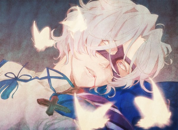 Anime picture 1110x815 with sengoku basara production i.g takenaka hanbei single short hair white hair lying white eyes boy insect butterfly blood mask cross
