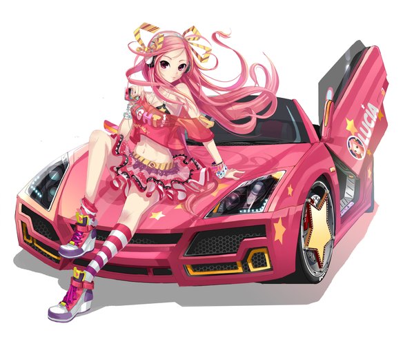 Anime picture 2000x1739 with pangya lucia lee byung hee highres red eyes white background pink hair girl ribbon (ribbons) star (symbol) ground vehicle car