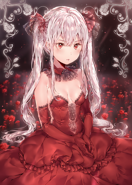 Anime picture 600x840 with dsmile single long hair tall image looking at viewer blush fringe breasts red eyes sitting bare shoulders white hair shiny girl dress gloves flower (flowers) elbow gloves rose (roses) scrunchie