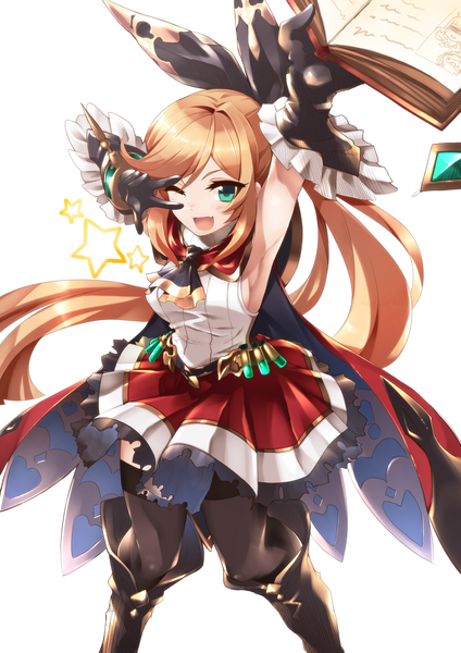 Anime picture 1157x1637 with granblue fantasy clarisse (granblue fantasy) wasanbon (atwazooka) single tall image blush fringe open mouth simple background blonde hair smile white background green eyes very long hair one eye closed from above wink armpit (armpits) girl thighhighs