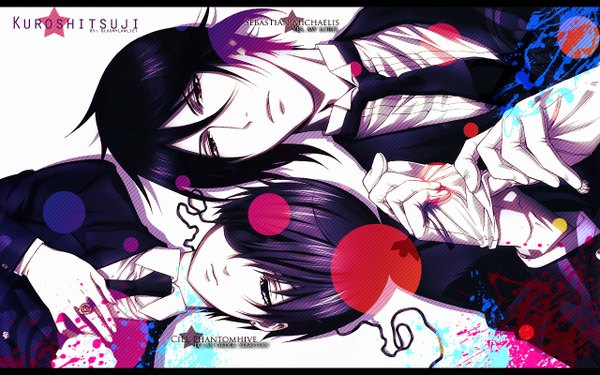 Anime picture 1280x800 with kuroshitsuji a-1 pictures sebastian michaelis ciel phantomhive looking at viewer short hair blue eyes black hair simple background red eyes wide image inscription multiple boys butler adjusting gloves boy gloves earrings necktie 2 boys