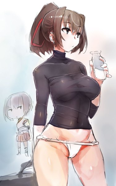 Anime picture 750x1200 with kantai collection hyuuga battleship ise battleship taishi (picchiridou) long hair tall image breasts light erotic brown hair large breasts multiple girls brown eyes looking away ponytail sketch girl underwear panties ribbon (ribbons) 2 girls