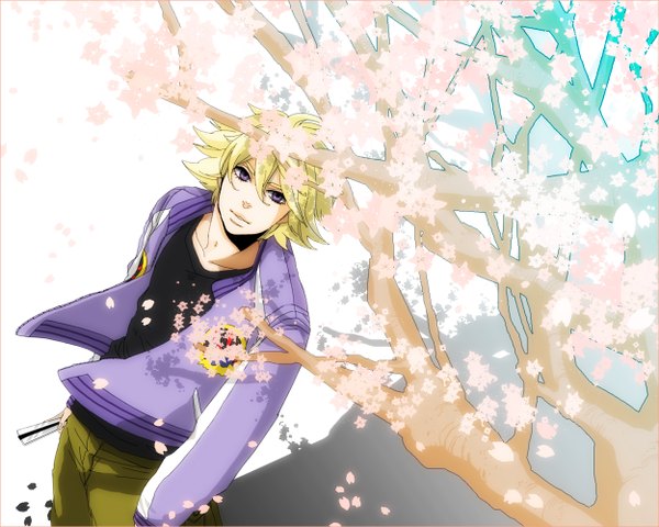 Anime picture 1250x1000 with tiger & bunny sunrise (studio) ivan karelin amecccco (mukai) single short hair blonde hair white background purple eyes cherry blossoms looking up boy jacket t-shirt branch