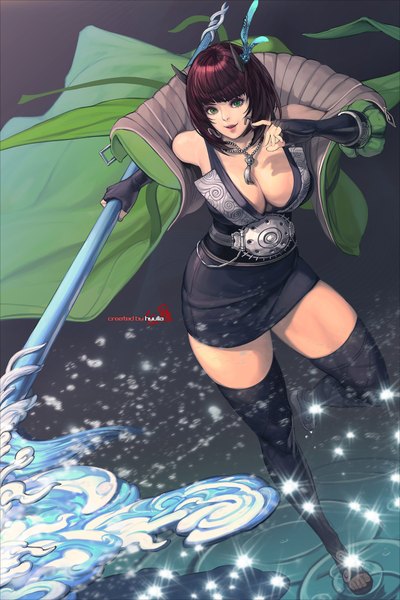 Anime picture 1500x2250 with blade & soul tagme (character) nightmadness single tall image looking at viewer short hair breasts light erotic large breasts standing bare shoulders green eyes bent knee (knees) horn (horns) from above wind legs thick thighs girl