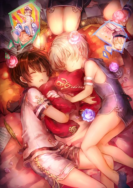 Anime picture 750x1059 with kantai collection admiral (kantai collection) z1 destroyer (leberecht maass) shigaraki (strobe blue) tall image short hair blonde hair brown hair sitting lying eyes closed hair flower loli on side sleeping checkered floor pillow hug dress uniform hair ornament