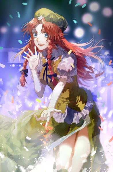 Anime picture 944x1440 with touhou hong meiling tang elen single long hair tall image looking at viewer fringe breasts open mouth blue eyes standing red hair puffy sleeves happy girl skirt ribbon (ribbons) bow hair bow