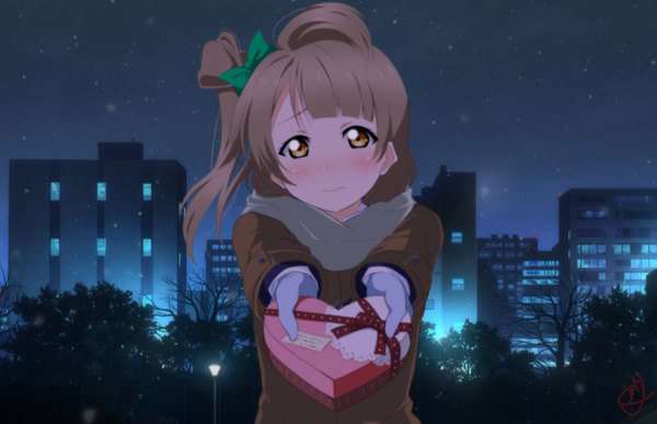 Anime picture 1394x900 with love live! school idol project sunrise (studio) love live! minami kotori kuusuke (yo suke39) single long hair looking at viewer blush fringe smile brown hair brown eyes signed head tilt one side up city outstretched hand valentine city lights