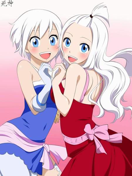 Anime picture 1526x2036 with fairy tail mirajane strauss lisanna strauss sophie4391 long hair tall image blush short hair breasts open mouth blue eyes smile large breasts white background bare shoulders multiple girls white hair gradient background coloring pink background