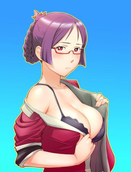 Anime picture 760x1000 with suisei no gargantia production i.g ridget (suisei no gargantia) ueyama michirou single long hair tall image looking at viewer blush breasts light erotic simple background red eyes large breasts purple hair open clothes gradient background blue background girl glasses
