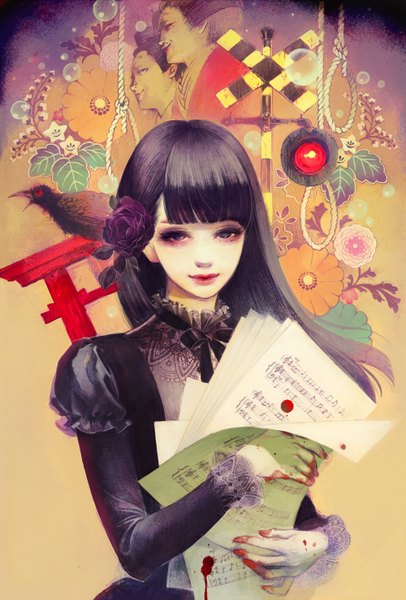 Anime picture 1000x1476 with original matsuo hiromi single long hair tall image looking at viewer fringe black hair hair flower lips black eyes girl dress hair ornament flower (flowers) animal black dress bird (birds) blood bubble (bubbles)
