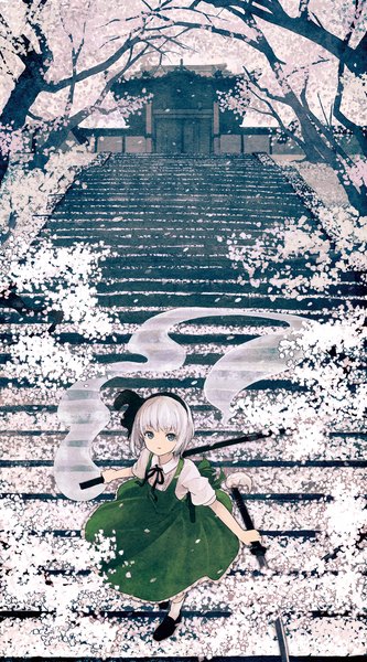 Anime picture 960x1728 with touhou konpaku youmu myon kitsune (kazenouta) single tall image looking at viewer fringe short hair blue eyes standing holding white hair parted lips from above cherry blossoms ghost girl weapon plant (plants)