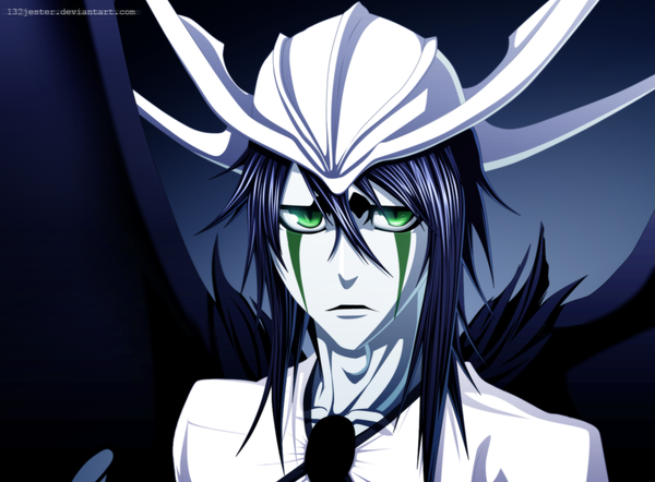 Anime picture 1500x1106 with bleach studio pierrot ulquiorra schiffer 132jester single long hair simple background green eyes purple hair coloring portrait dark background face espada boy wings mask