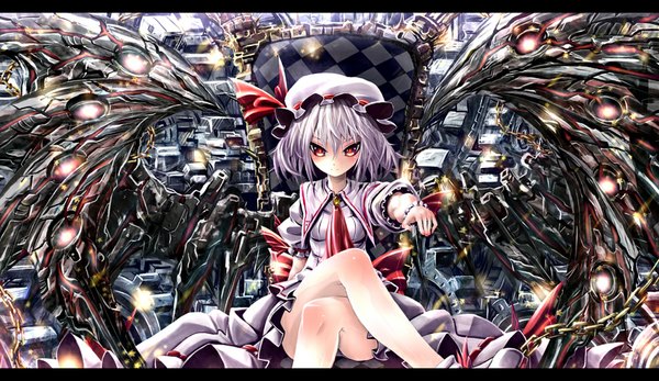 Anime picture 1000x579 with touhou remilia scarlet kabutoyama looking at viewer short hair red eyes wide image silver hair crossed legs letterboxed pantyshot sitting mechanical wings girl dress bonnet