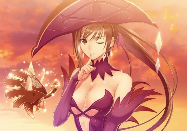 Anime picture 1817x1284 with shining (series) shining blade maxima enfield tony taka single long hair looking at viewer highres breasts light erotic black hair bare shoulders ponytail one eye closed wink black eyes official art girl hat detached sleeves