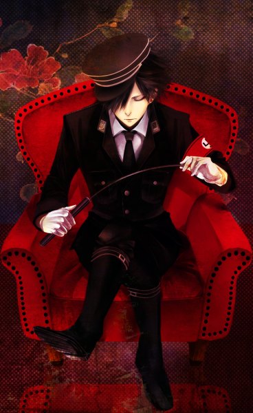 Anime picture 2002x3260 with togainu no chi nitro+chiral shiki (tnc) single tall image fringe highres short hair black hair sitting holding eyes closed hair over one eye crossed legs looking down polka dot polka dot background boy gloves uniform