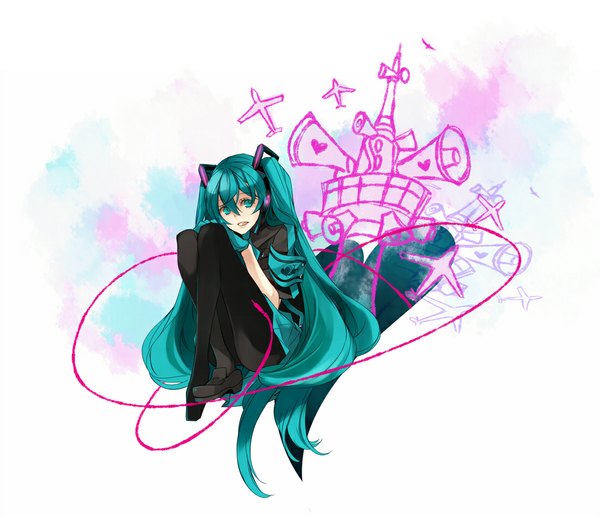 Anime picture 1100x950 with vocaloid koi wa sensou (vocaloid) hatsune miku ayko (artist) long hair open mouth hair between eyes white background sitting twintails aqua eyes aqua hair girl gloves animal bird (birds) aircraft airplane megaphone