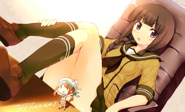 Anime picture 1599x974 with kantai collection kitakami light cruiser error musume (kantai collection) komone ushio long hair looking at viewer blush open mouth brown hair wide image sitting multiple girls brown eyes character names crossed legs girl skirt uniform hair ornament 2 girls