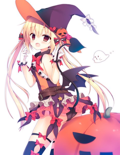 Anime picture 800x1031 with original izumiyuhina single long hair tall image looking at viewer blush open mouth light erotic simple background blonde hair red eyes white background twintails ass tail :d halloween demon tail demon wings