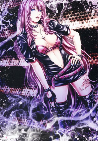 Anime picture 2097x3004 with vocaloid megurine luka single long hair tall image highres breasts open mouth blue eyes light erotic pink hair open clothes open jacket tattoo hand on hip girl navel bracelet fingerless gloves collar