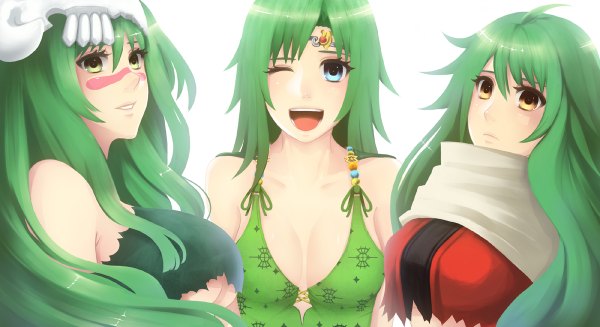 Anime picture 1200x654 with bleach studio pierrot nelliel tu odelschwanck bounin long hair breasts open mouth blue eyes light erotic smile wide image large breasts green eyes yellow eyes one eye closed green hair wink multiple persona espada