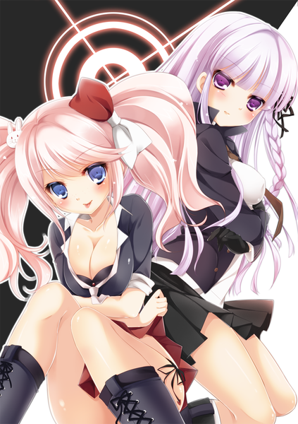 Anime picture 1000x1417 with dangan ronpa kirigiri kyouko enoshima junko rinka (yuyutei) long hair tall image looking at viewer blush breasts blue eyes light erotic blonde hair purple eyes twintails multiple girls cleavage silver hair girl skirt bow