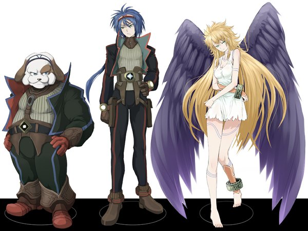 Anime picture 1067x800 with breath of fire breath of fire ii nina (breath of fire) bosch 1/64 ryu v takayanagi (artist) long hair blonde hair blue hair barefoot soles angel wings black wings bosch 1/64 (cosplay) nina v (cosplay) ryu v (cosplay) dress wings bow (breath of fire) breath of fire v