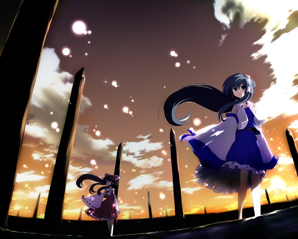 Anime picture 1280x1024 with touhou hakurei reimu kochiya sanae sky girl