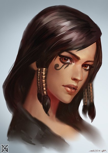 Anime picture 742x1050 with overwatch blizzard entertainment pharah (overwatch) xiaoguimist single long hair tall image looking at viewer black hair simple background brown eyes signed lips realistic grey background tattoo lipstick portrait girl hair tubes