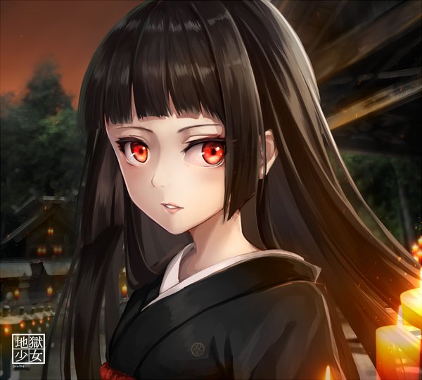 Anime picture 957x862 with hell girl studio deen enma ai rin yuu single long hair fringe black hair red eyes payot looking away sky upper body outdoors blunt bangs traditional clothes parted lips japanese clothes light smile lips