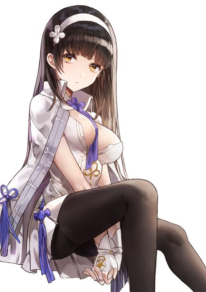 Anime picture 800x1132 with girls frontline type 95 (girls frontline) kim eb single long hair tall image looking at viewer fringe breasts light erotic black hair simple background large breasts white background sitting yellow eyes cleavage blunt bangs between breasts clothes on shoulders