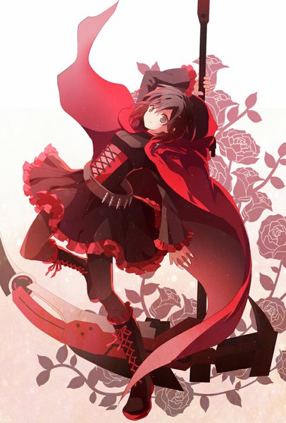 Anime picture 730x1078 with rwby rooster teeth ruby rose natural wind single tall image fringe black hair smile holding black eyes wide sleeves girl dress flower (flowers) weapon pantyhose frills belt cape