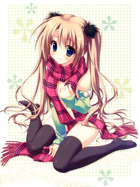 Anime picture 3250x4350 with ryohka single long hair tall image looking at viewer blush highres blue eyes smile brown hair twintails absurdres girl thighhighs black thighhighs detached sleeves scarf