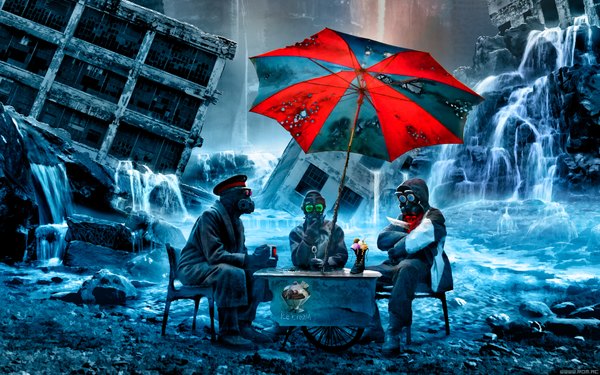 Anime picture 1920x1200 with romantically apocalyptic alexiuss highres sitting holding open clothes open jacket multiple boys crossed arms lacing ruins post-apocalyptic boy water food jacket boots sweets hood umbrella