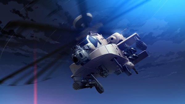 Anime picture 2560x1440 with grisaia no kajitsu highres wide image game cg cloud (clouds) night weapon helicopter